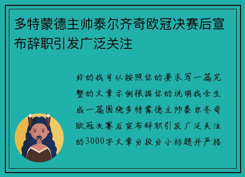 多特蒙德主帅泰尔齐奇欧冠决赛后宣布辞职引发广泛关注